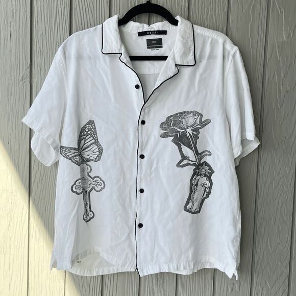 Ksubi Kut Out Resort Shirt Graphic - L Bold Art Deco Cross & Rose Print - Picture 1 of 10
